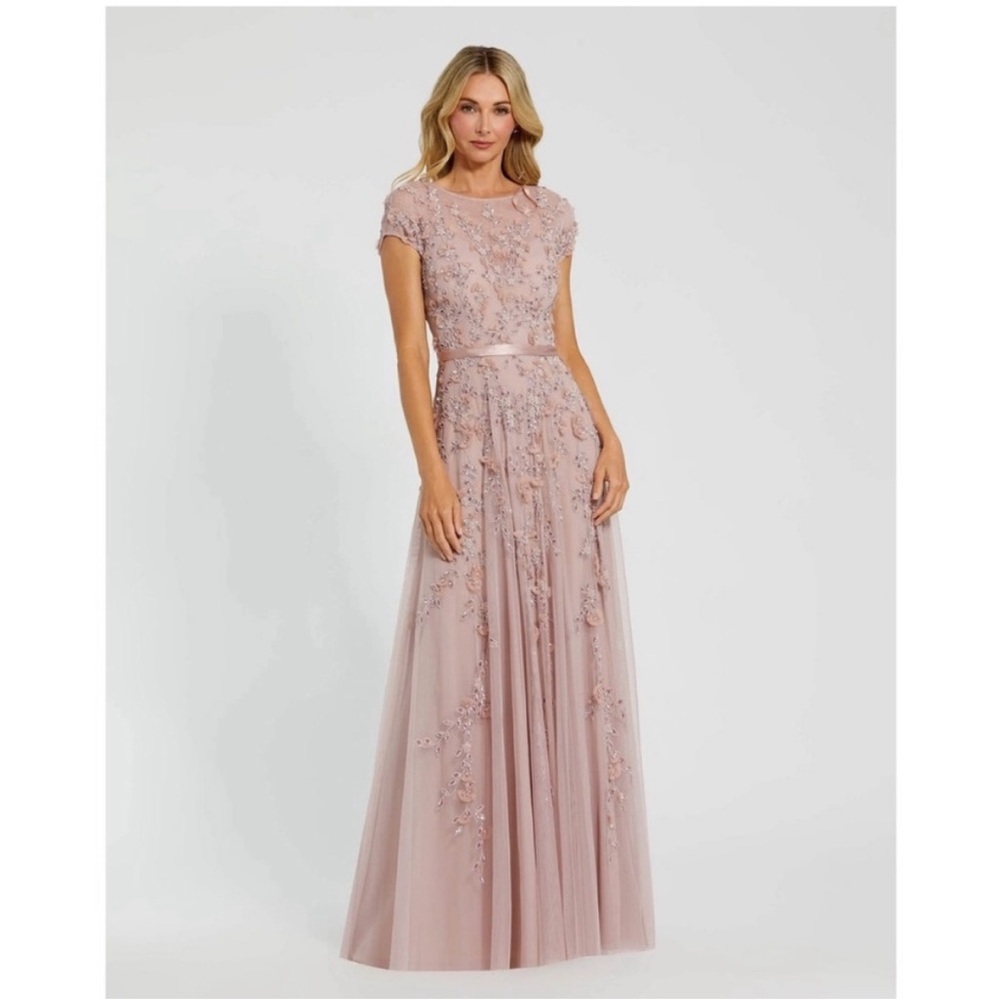 Mac Duggal 14521 Pink Floral Embellished Cap Sleeve Gown sz 12